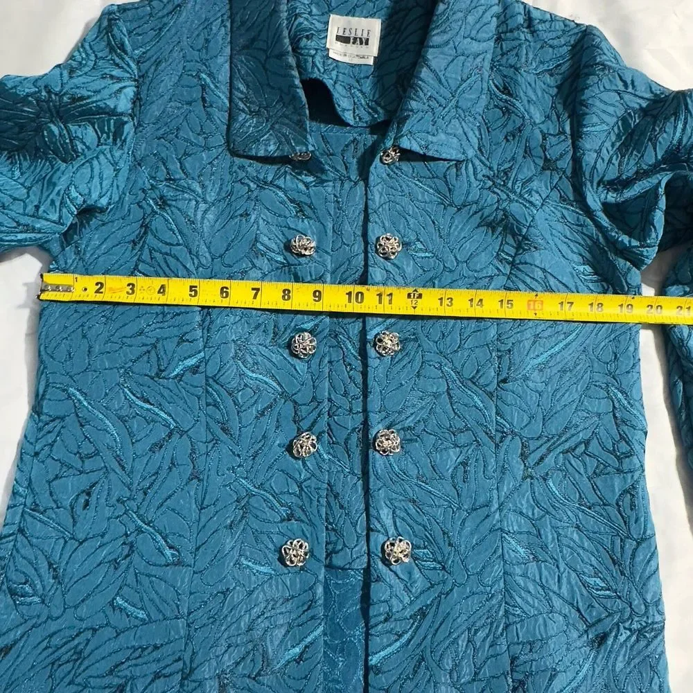 Vtg Leslie Fay‎ 12 Turquoise Teal Blazer Embroider Style Buttoned Scallop Trim